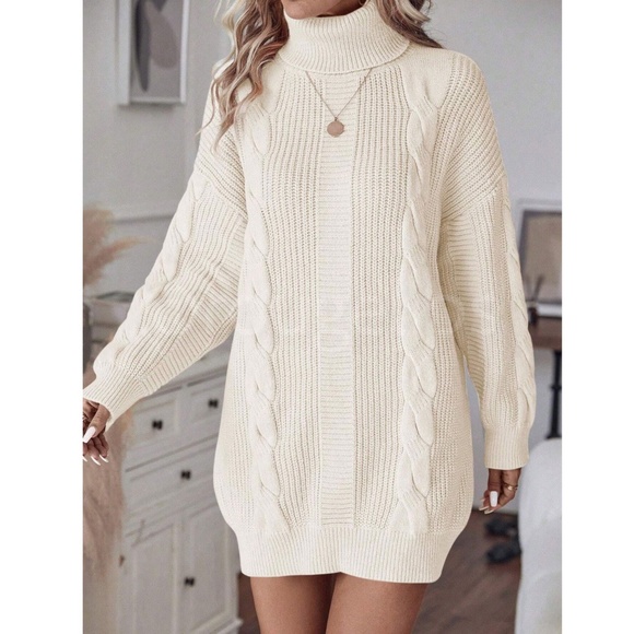 Beige Oversized Sweater Dress Cable Knit Turtleneck Long Sleeve  Mini - Picture 2 of 8